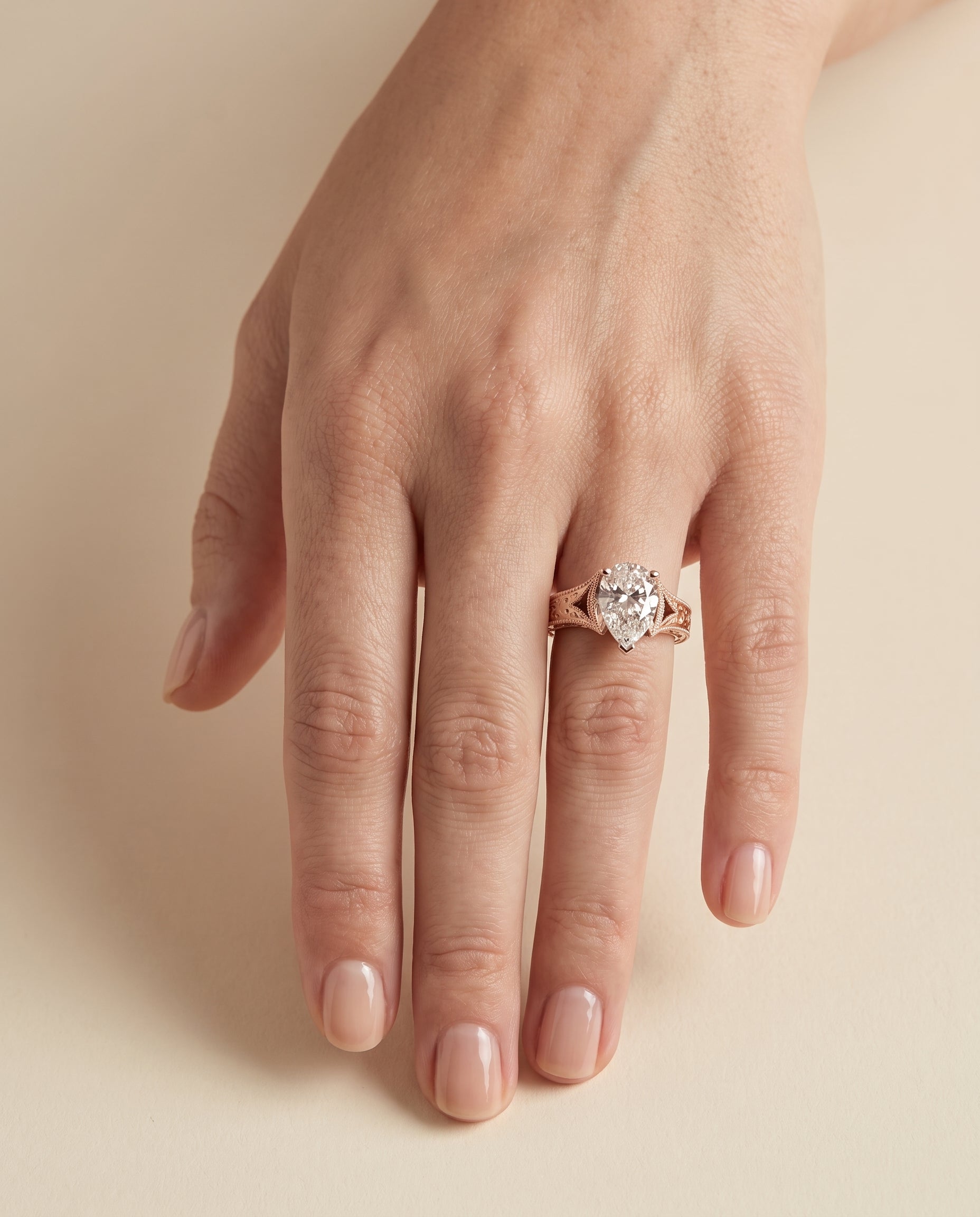 The Janis Hand Engraved Milgrain Vintage Solitaire Pear Engagement Ring Setting in 14K Rose Gold