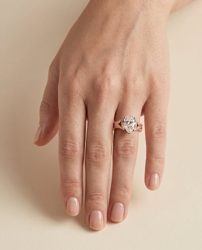 The Janis Hand Engraved Milgrain Vintage Solitaire Pear Engagement Ring Setting in 14K Rose Gold