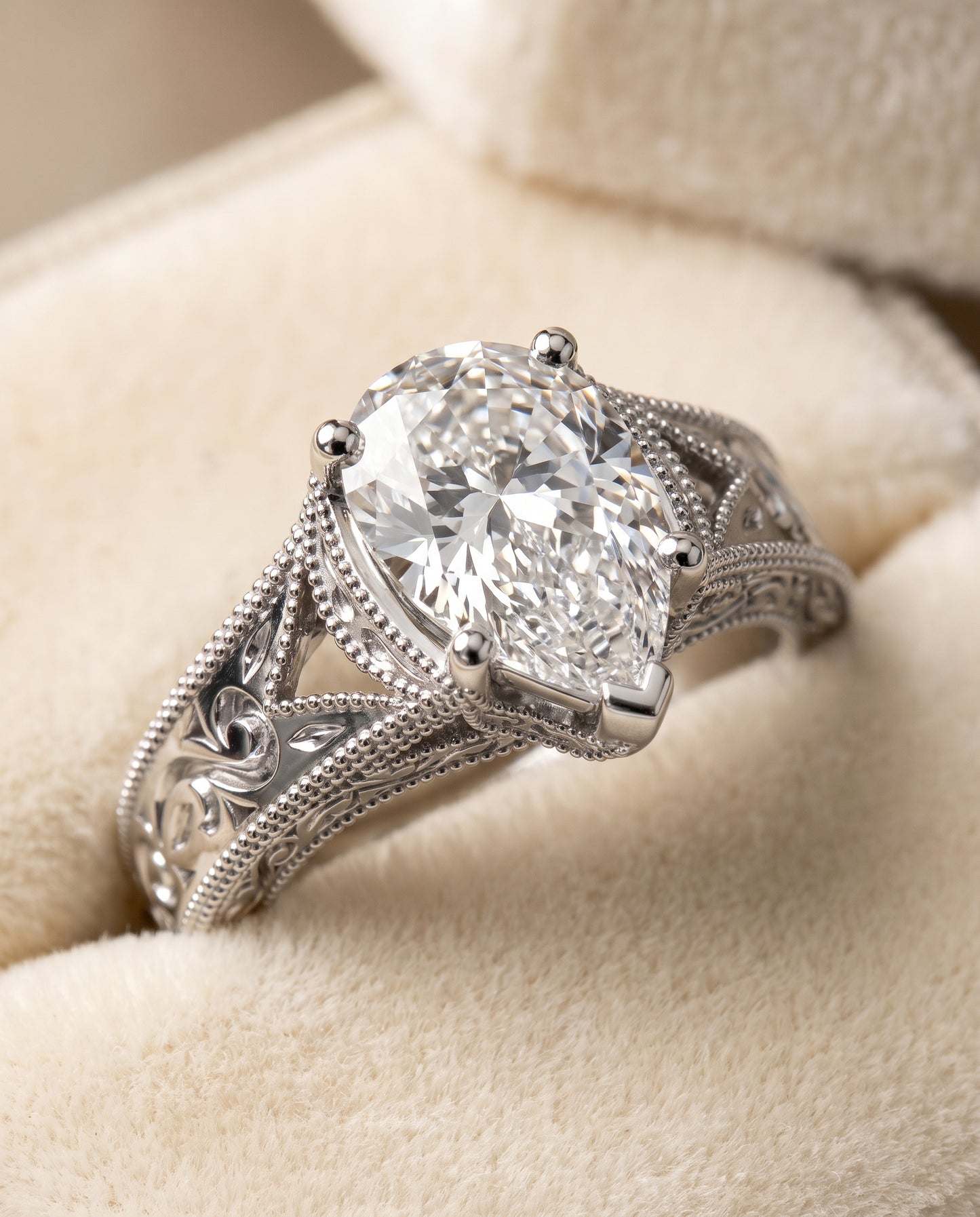 The Janis Hand Engraved Milgrain Vintage Solitaire Pear Engagement Ring Setting in Platinum