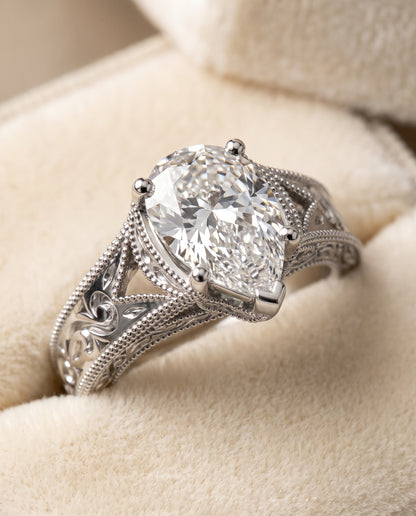 The Janis Hand Engraved Milgrain Vintage Solitaire Pear Engagement Ring Setting in Platinum
