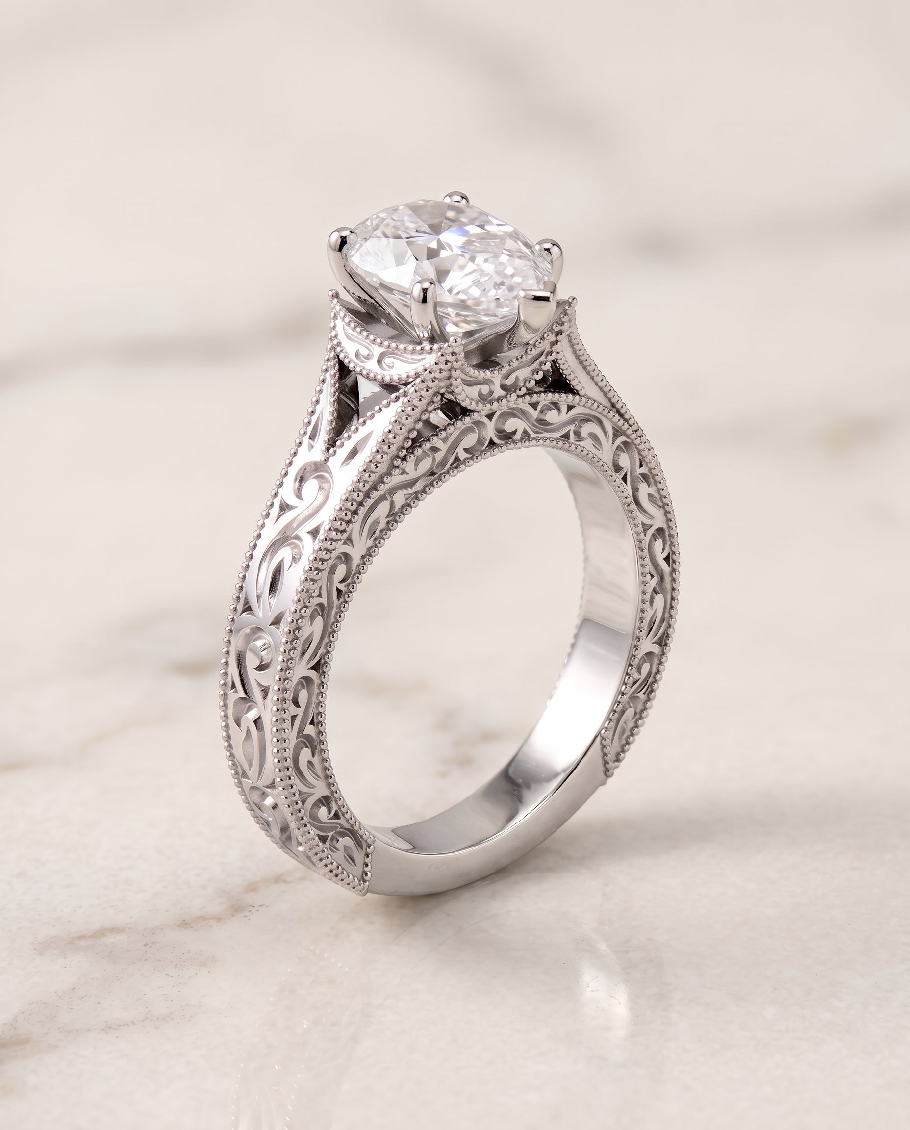 Hand Engraved Milgrain Vintage Solitaire styling on The Janis pear engagement ring setting | RockHer