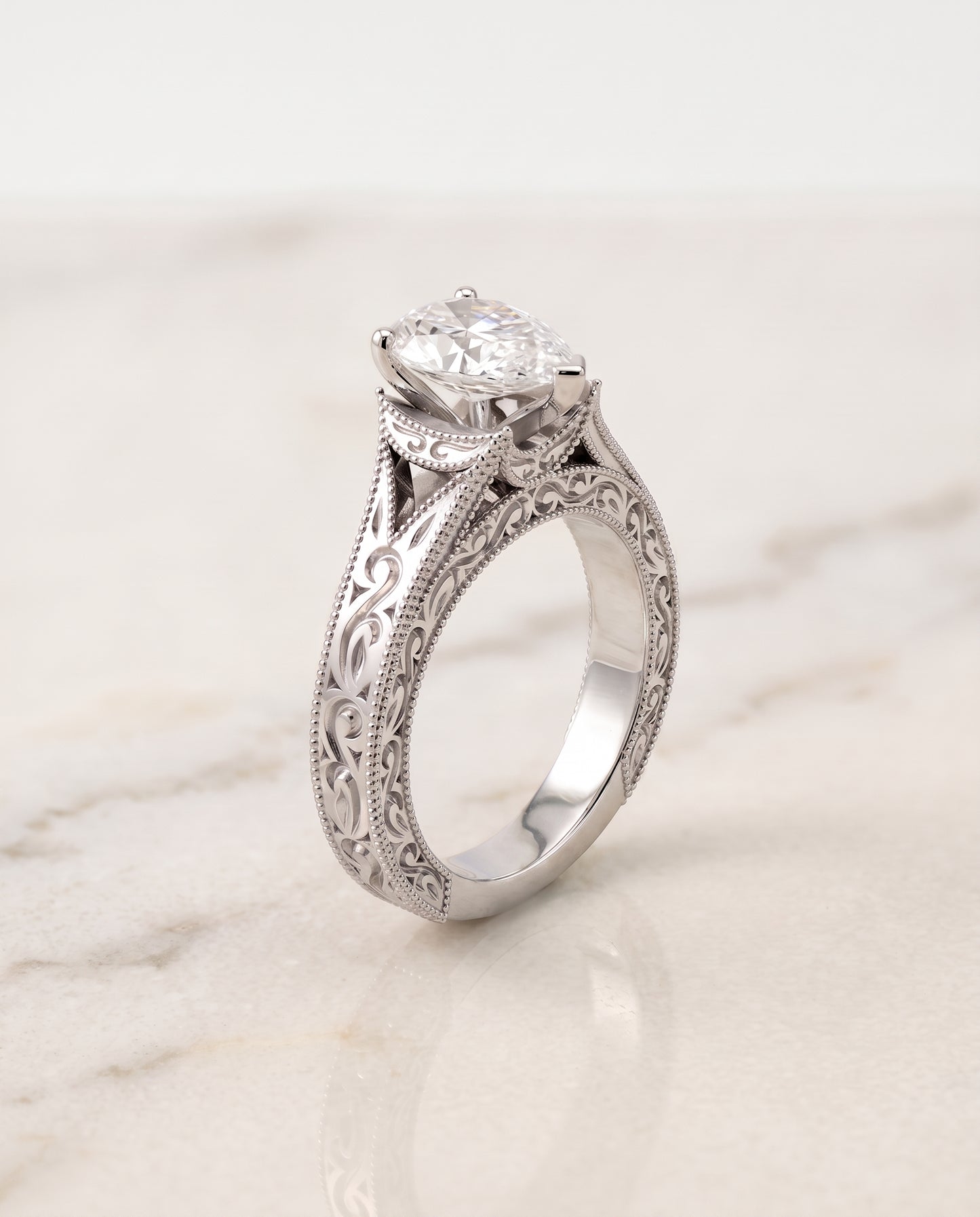 The Janis Hand Engraved Milgrain Vintage Solitaire Pear Engagement Ring Setting in Platinum