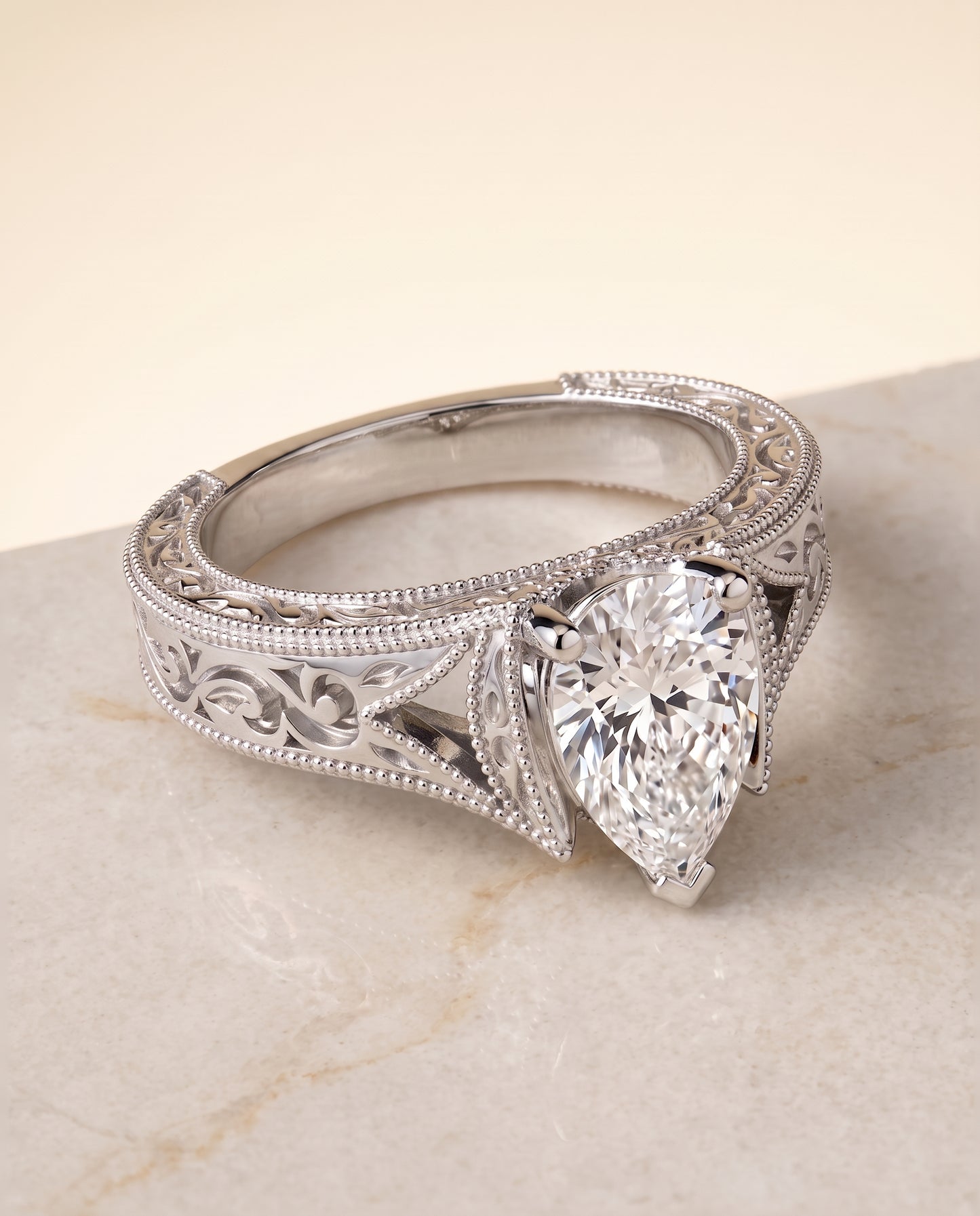 The Janis Hand Engraved Milgrain Vintage Solitaire Pear Engagement Ring Setting in Platinum
