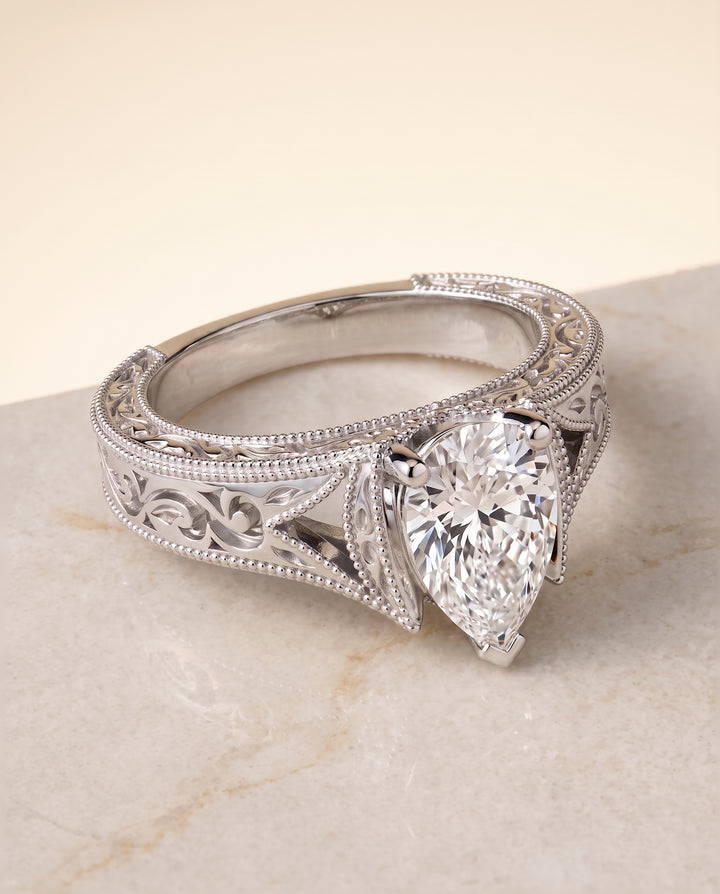 The Janis Hand Engraved Milgrain Vintage Solitaire Pear Engagement Ring Setting in Platinum