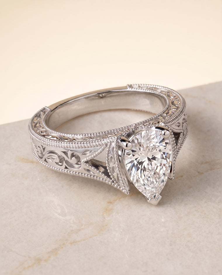 The Janis Hand Engraved Milgrain Vintage Solitaire Pear Engagement Ring Setting in Platinum