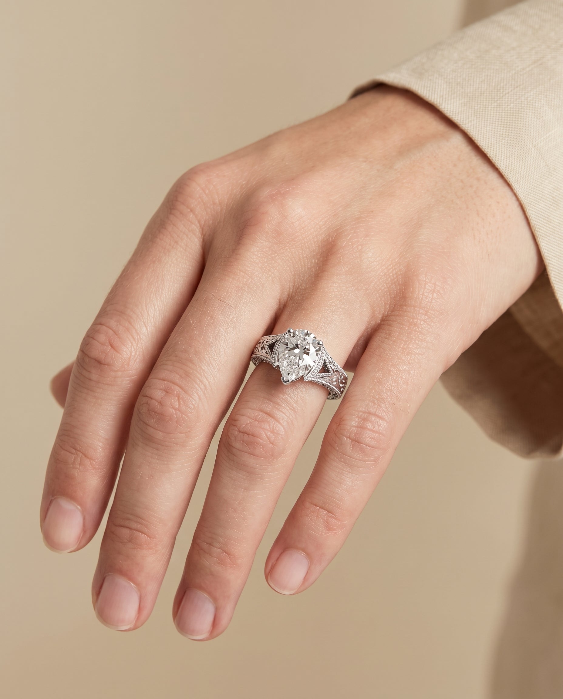 The Janis engagement ring setting in Platinum, hand engraved milgrain vintage solitaire design | RockHer