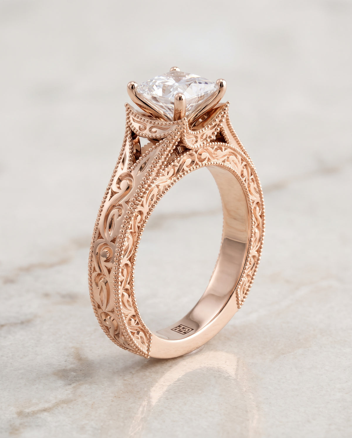 The Janis Hand Engraved Milgrain Vintage Solitaire Princess Cut Engagement Ring Setting in 14K Rose Gold