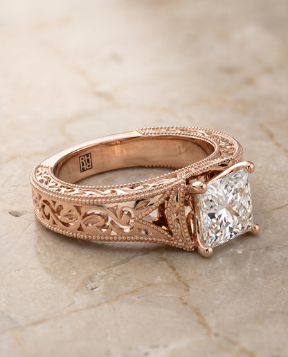 The Janis Hand Engraved Milgrain Vintage Solitaire Princess Cut Engagement Ring Setting in 14K Rose Gold