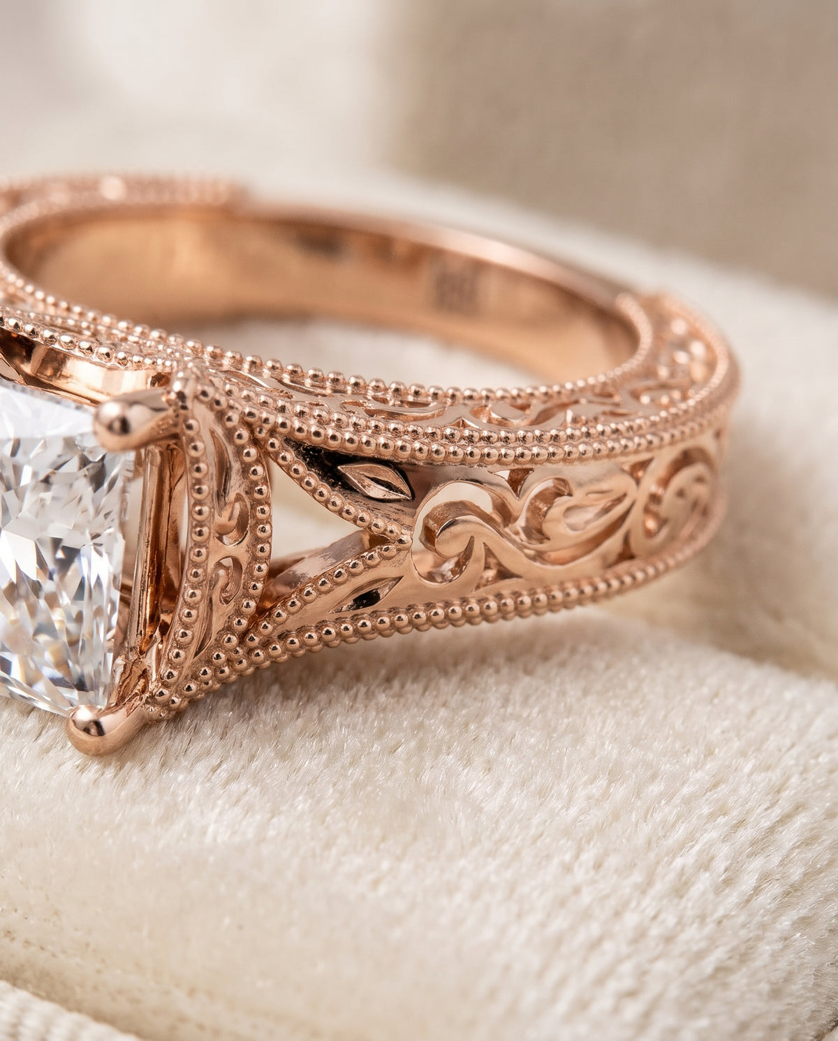 The Janis Hand Engraved Milgrain Vintage Solitaire Princess Cut Engagement Ring Setting in 14K Rose Gold