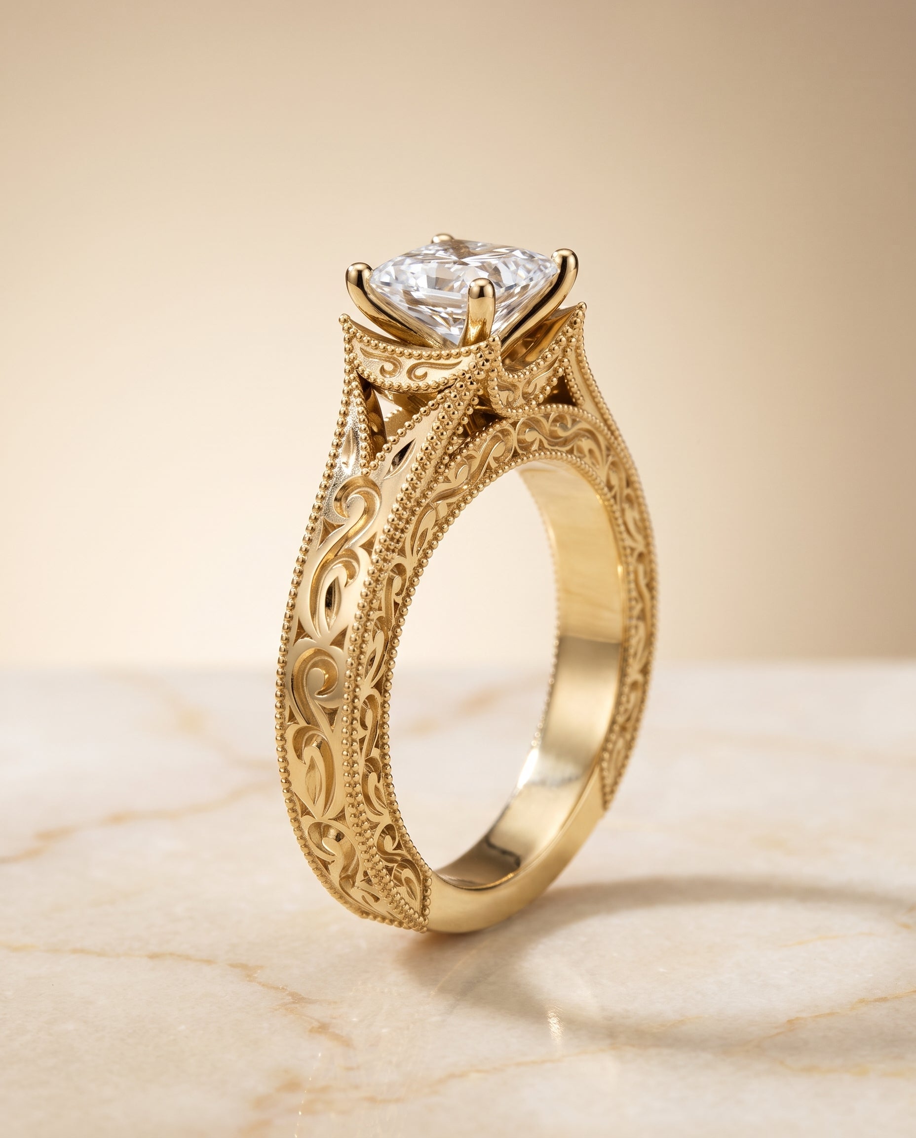 Hand Engraved Milgrain Vintage Solitaire styling on The Janis princess engagement ring setting | RockHer