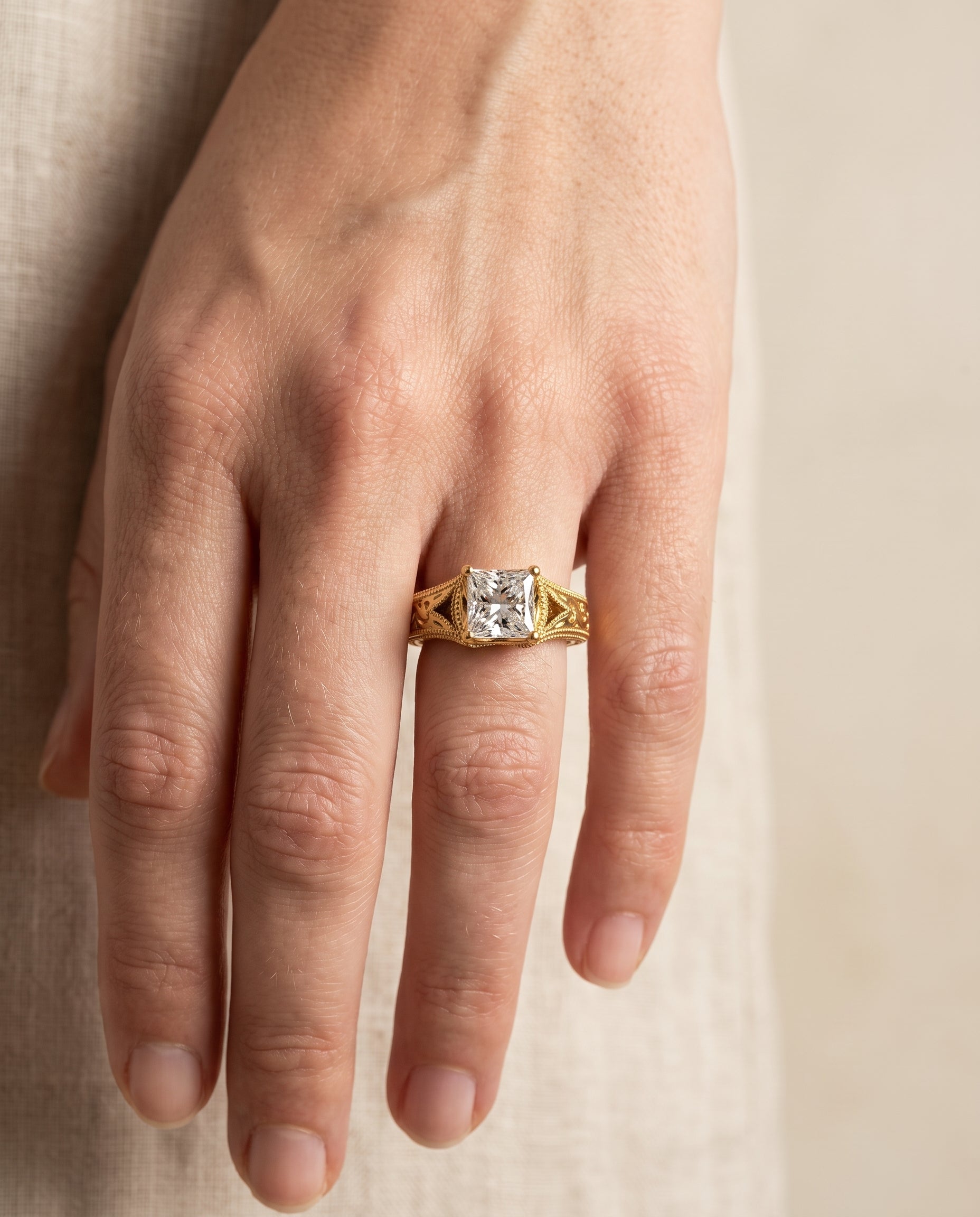The Janis engagement ring setting in 18K Yellow Gold, hand engraved milgrain vintage solitaire design | RockHer