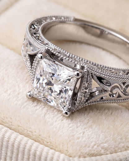 The Janis Hand Engraved Milgrain Vintage Solitaire Princess Cut Engagement Ring Setting in Platinum