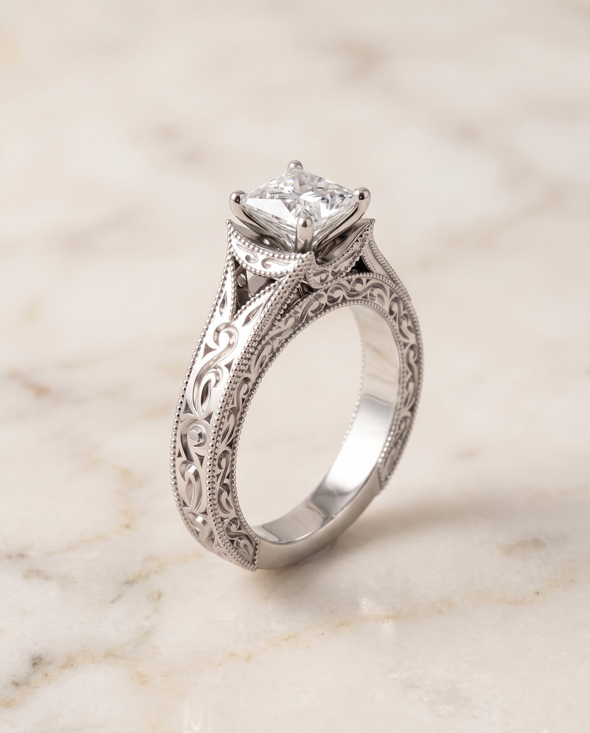 The Janis Hand Engraved Milgrain Vintage Solitaire Princess Cut Engagement Ring Setting in 18K White Gold