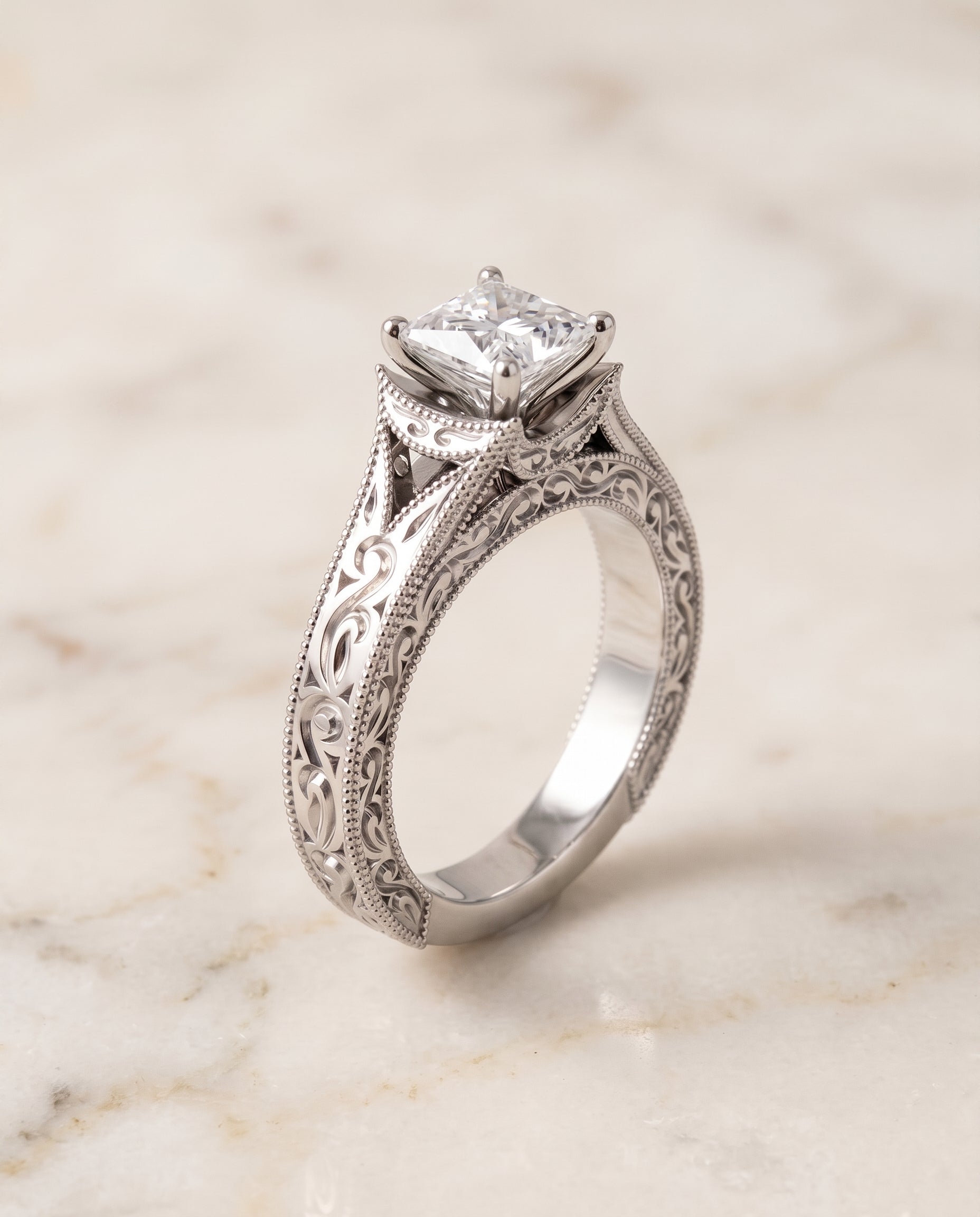 The Janis Hand Engraved Milgrain Vintage Solitaire Princess Cut Engagement Ring Setting in Platinum