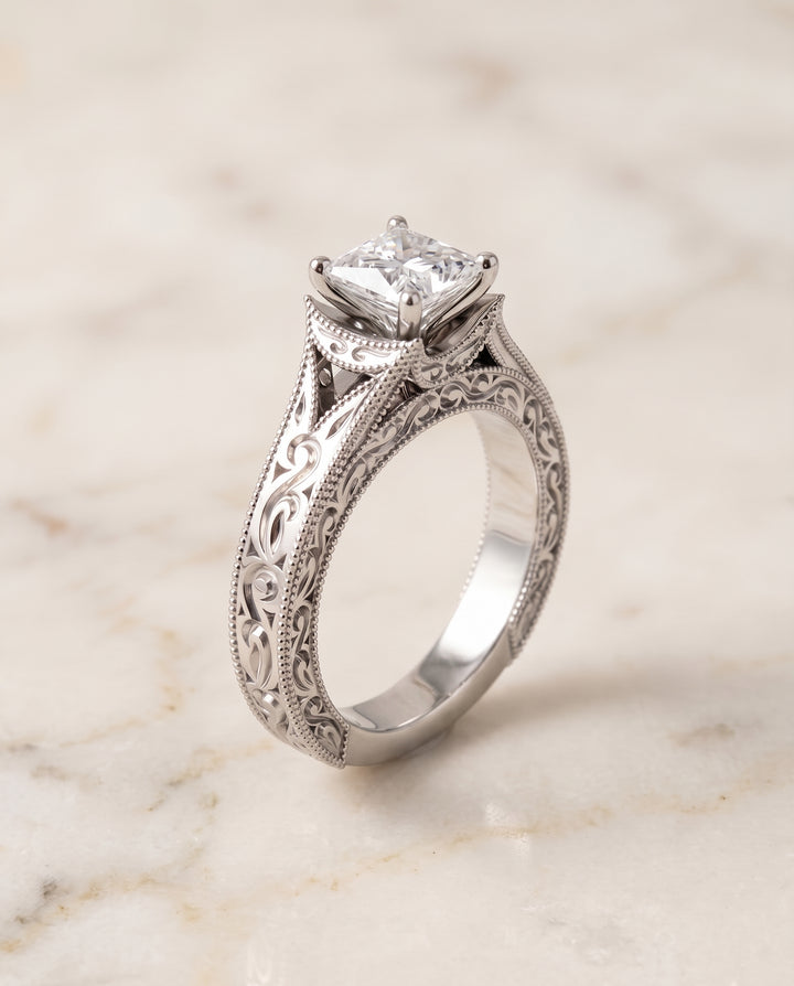 The Janis Hand Engraved Milgrain Vintage Solitaire Princess Cut Engagement Ring Setting in 18K White Gold