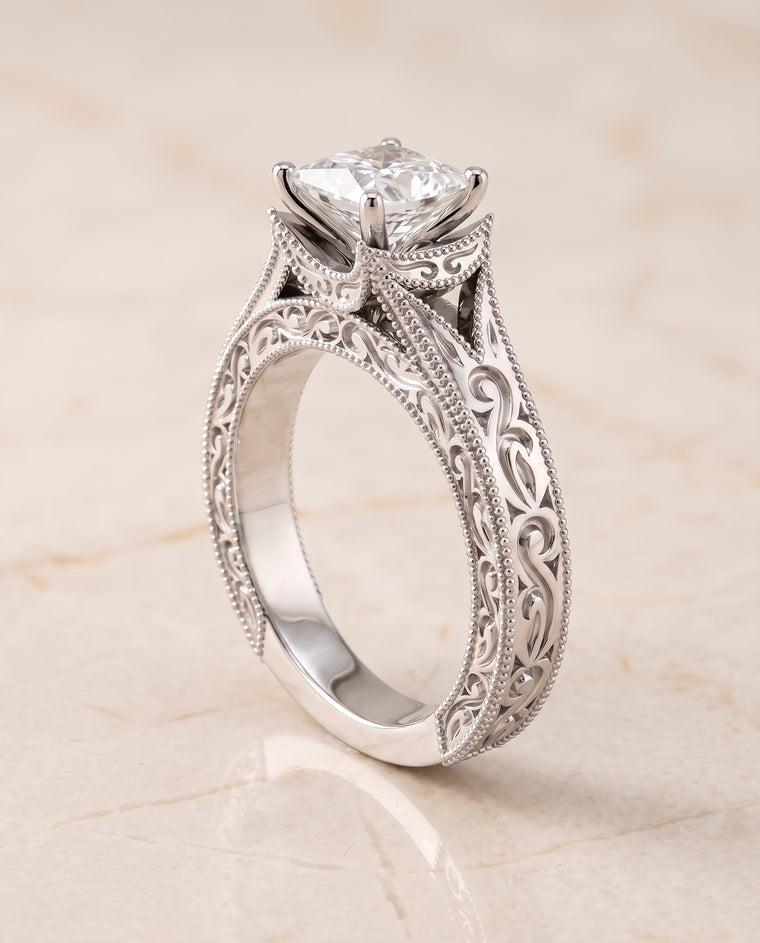 The Janis Hand Engraved Milgrain Vintage Solitaire Princess Cut Engagement Ring Setting in Platinum