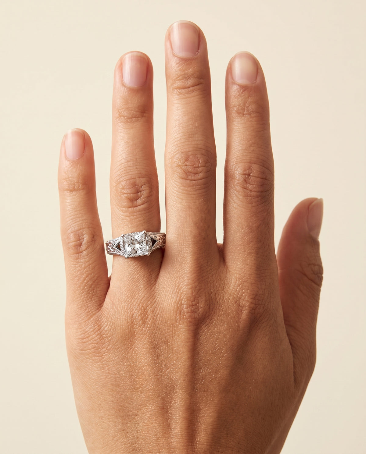 The Janis Hand Engraved Milgrain Vintage Solitaire Princess Cut Engagement Ring Setting in Platinum
