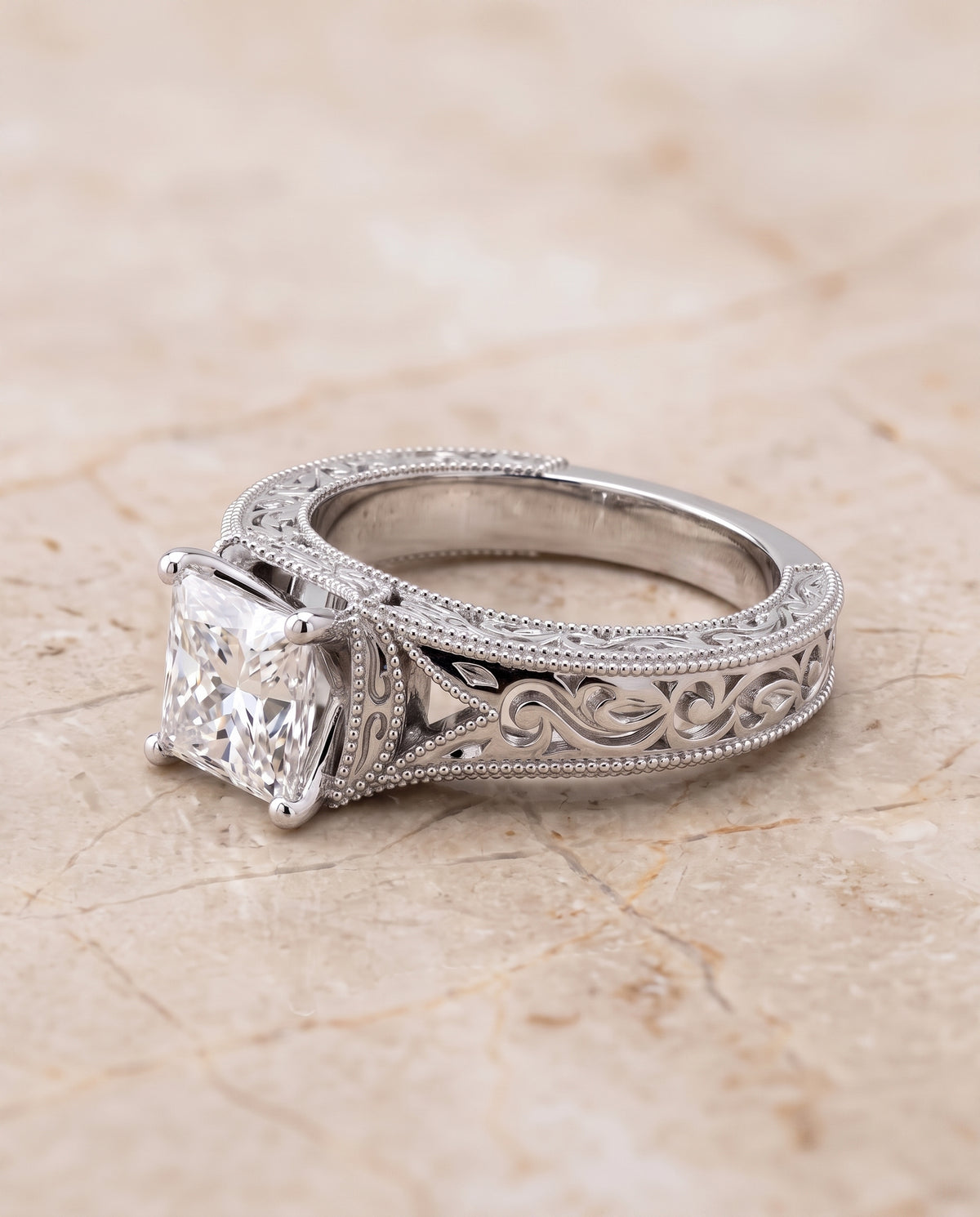 The Janis Hand Engraved Milgrain Vintage Solitaire Princess Cut Engagement Ring Setting in Platinum