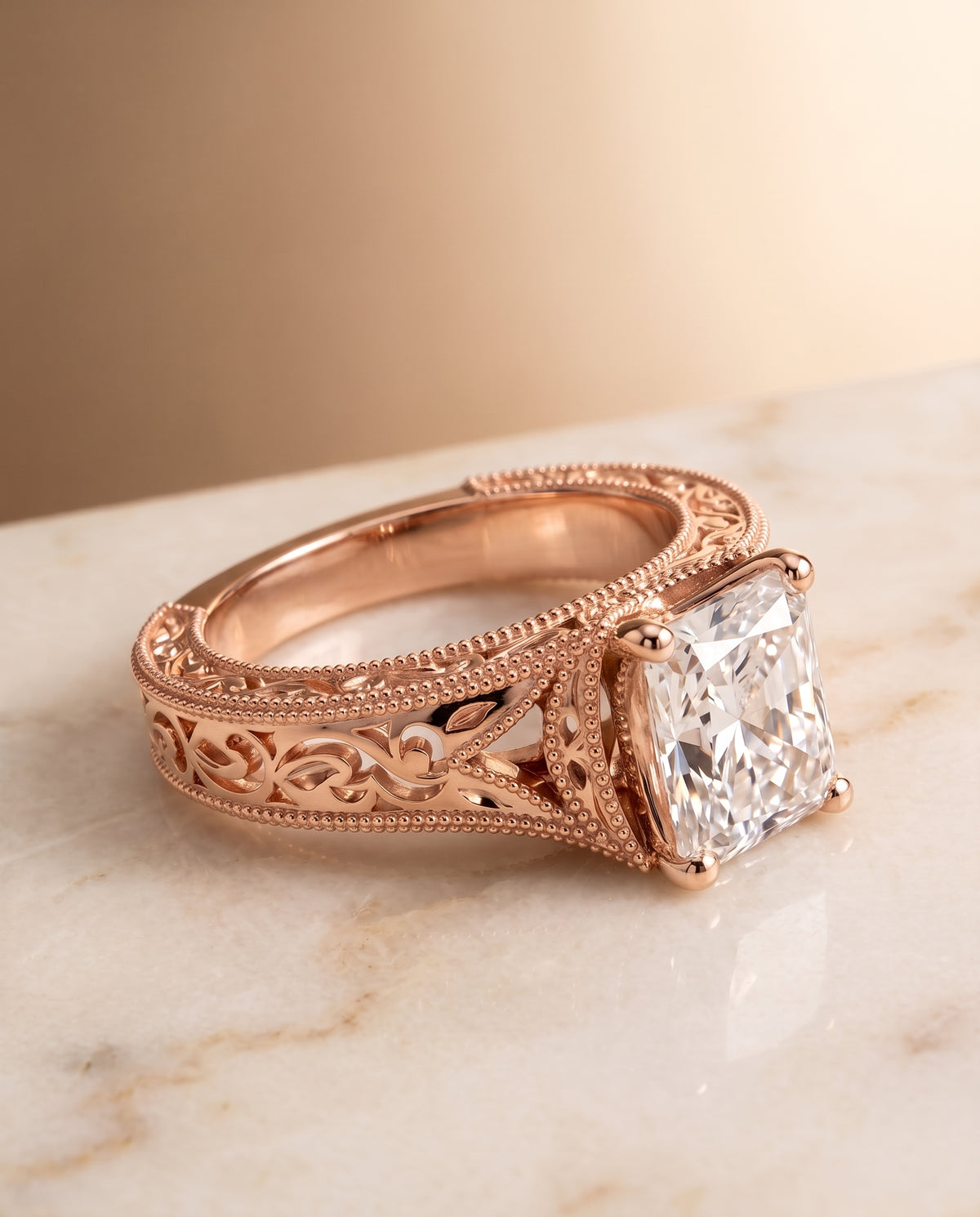 The Janis Hand Engraved Milgrain Vintage Solitaire Radiant Cut Engagement Ring Setting in 14K Rose Gold
