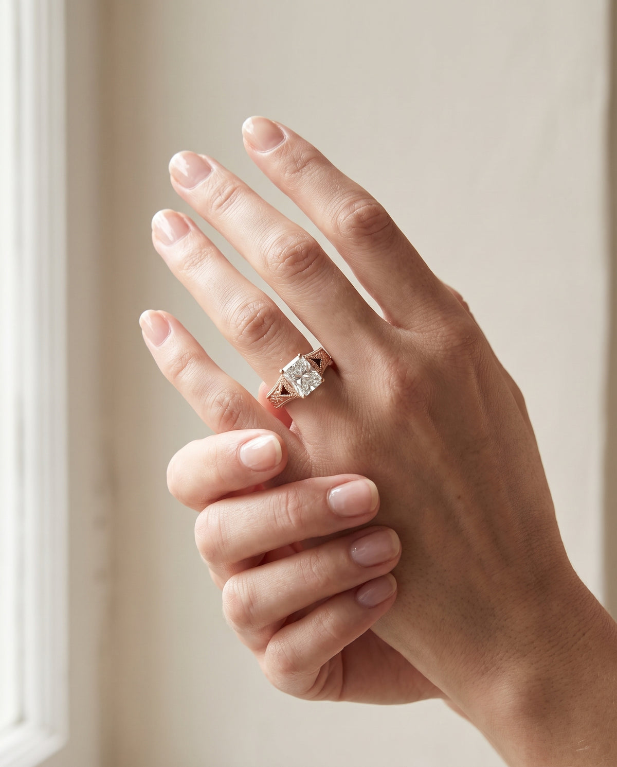 The Janis Hand Engraved Milgrain Vintage Solitaire Radiant Cut Engagement Ring Setting in 14K Rose Gold