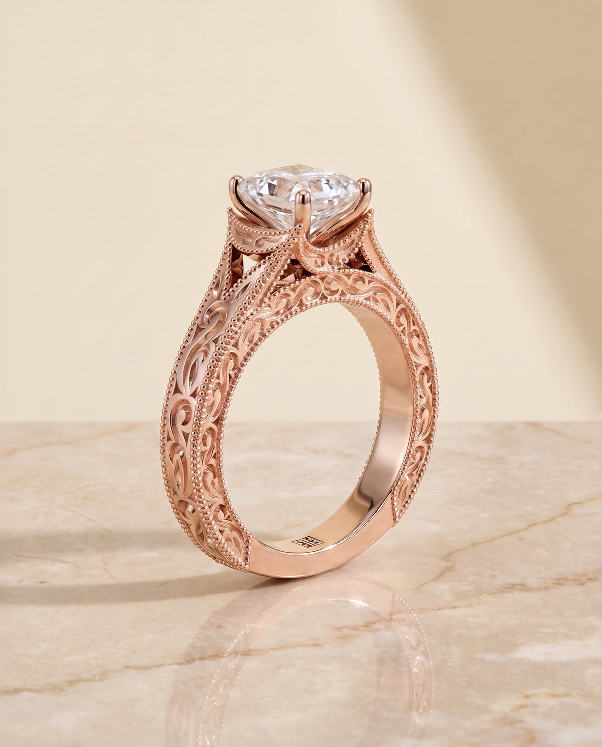 The Janis Hand Engraved Milgrain Vintage Solitaire Radiant Cut Engagement Ring Setting in 14K Rose Gold