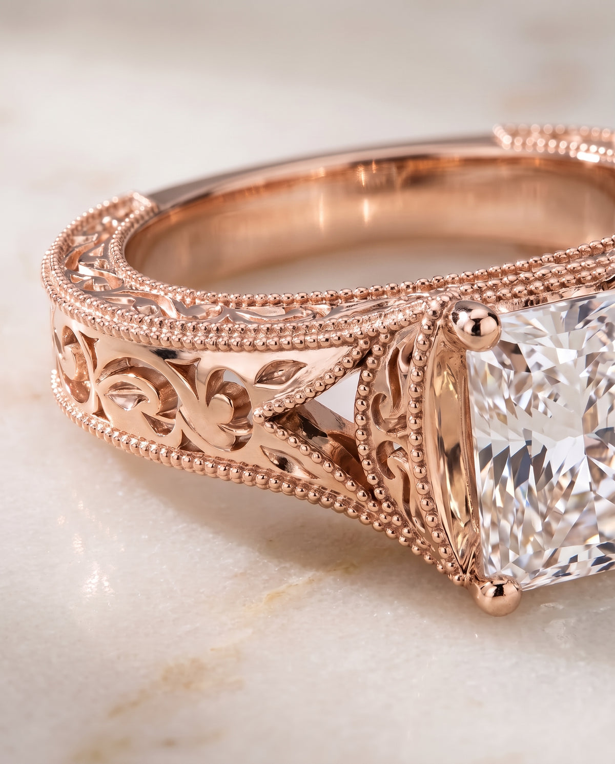 The Janis Hand Engraved Milgrain Vintage Solitaire Radiant Cut Engagement Ring Setting in 14K Rose Gold