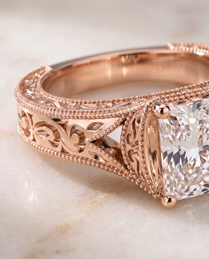 The Janis Hand Engraved Milgrain Vintage Solitaire Radiant Cut Engagement Ring Setting in 14K Rose Gold