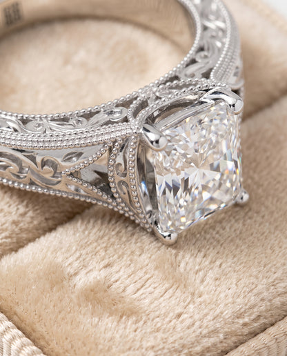 The Janis Hand Engraved Milgrain Vintage Solitaire Radiant Cut Engagement Ring Setting in 18K White Gold