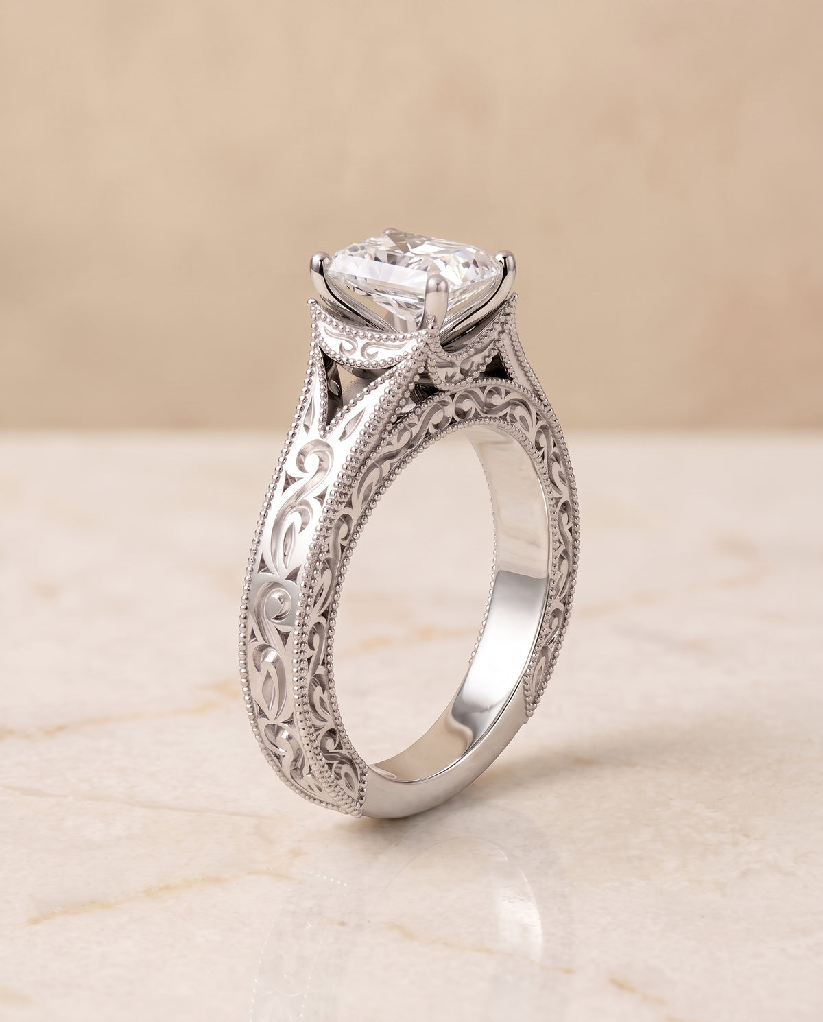 The Janis Hand Engraved Milgrain Vintage Solitaire Radiant Cut Engagement Ring Setting in 18K White Gold