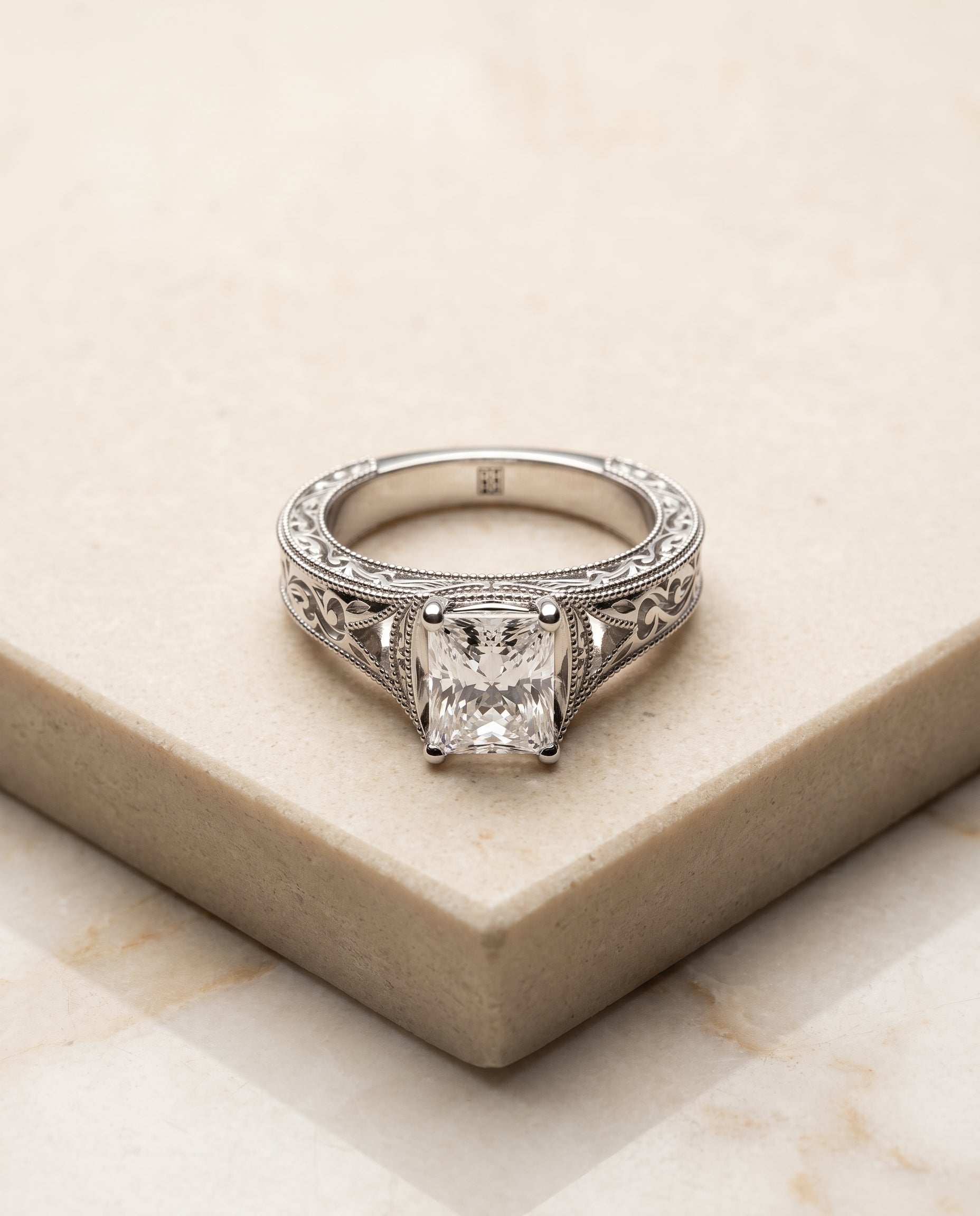 The Janis Hand Engraved Milgrain Vintage Solitaire Radiant Cut Engagement Ring Setting in 18K White Gold