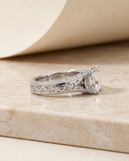 The Janis Hand Engraved Milgrain Vintage Solitaire Radiant Cut Engagement Ring Setting in 18K White Gold