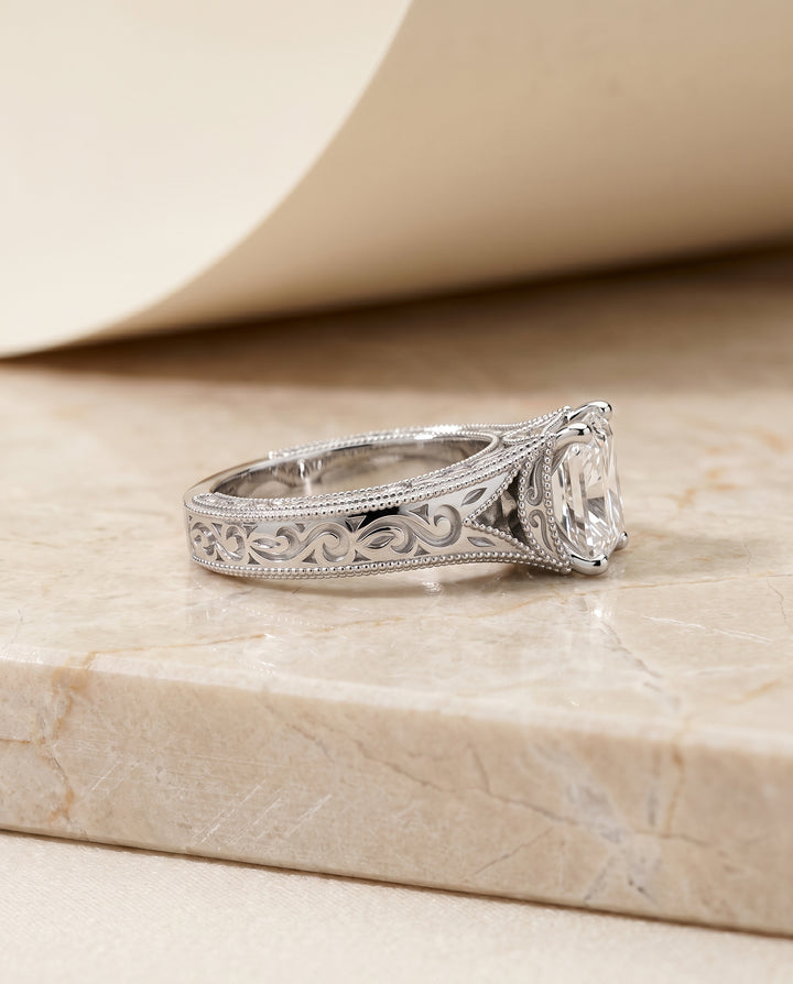 The Janis Hand Engraved Milgrain Vintage Solitaire Radiant Cut Engagement Ring Setting in 18K White Gold