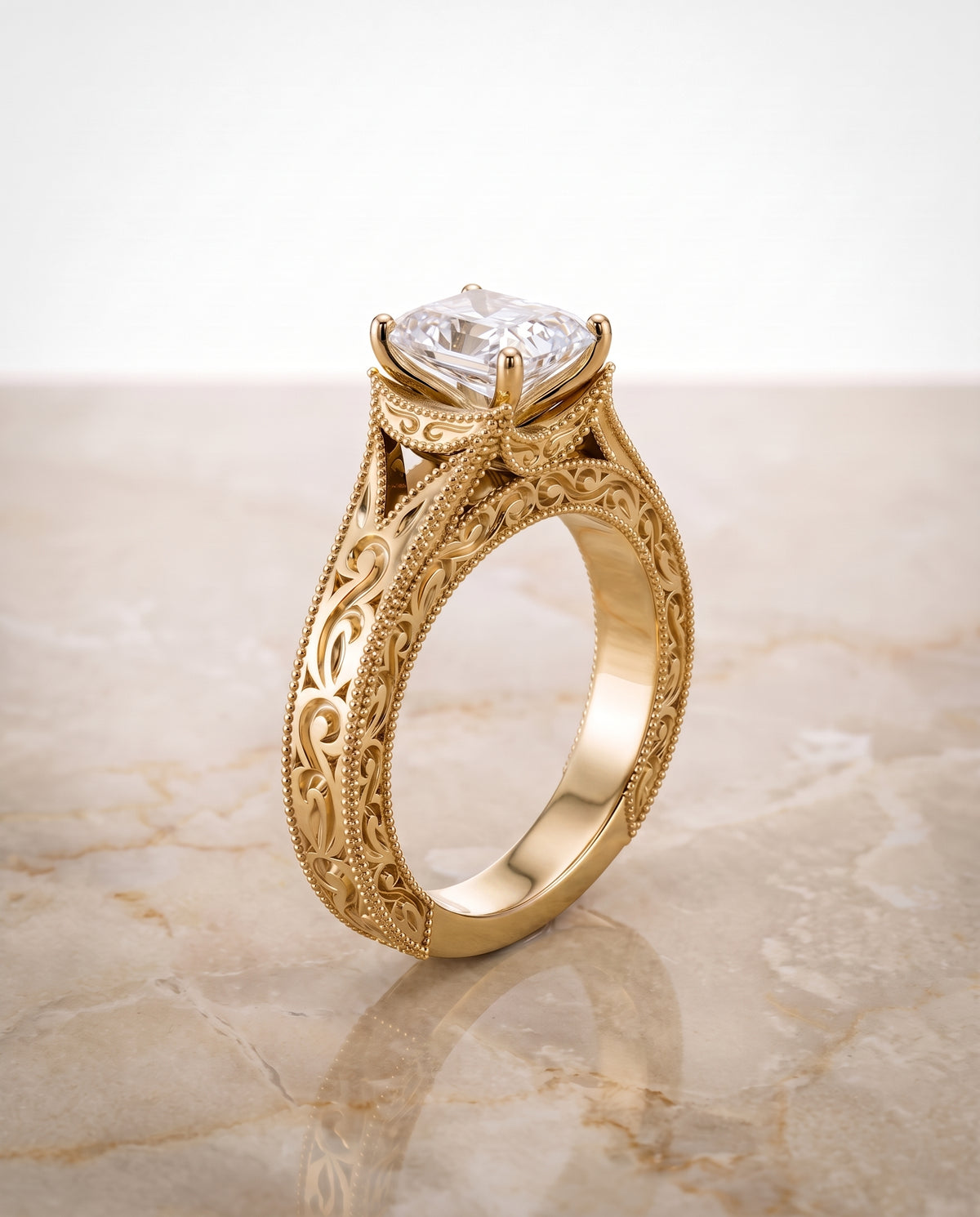 Hand Engraved Milgrain Vintage Solitaire Cut styling on The Janis radiant engagement ring setting | RockHer