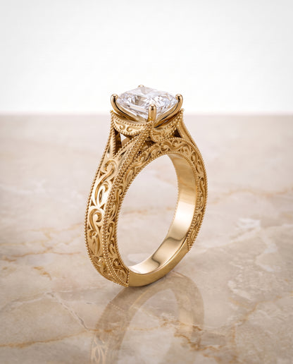 The Janis Hand Engraved Milgrain Vintage Solitaire Radiant Cut Engagement Ring Setting in 18K Yellow Gold