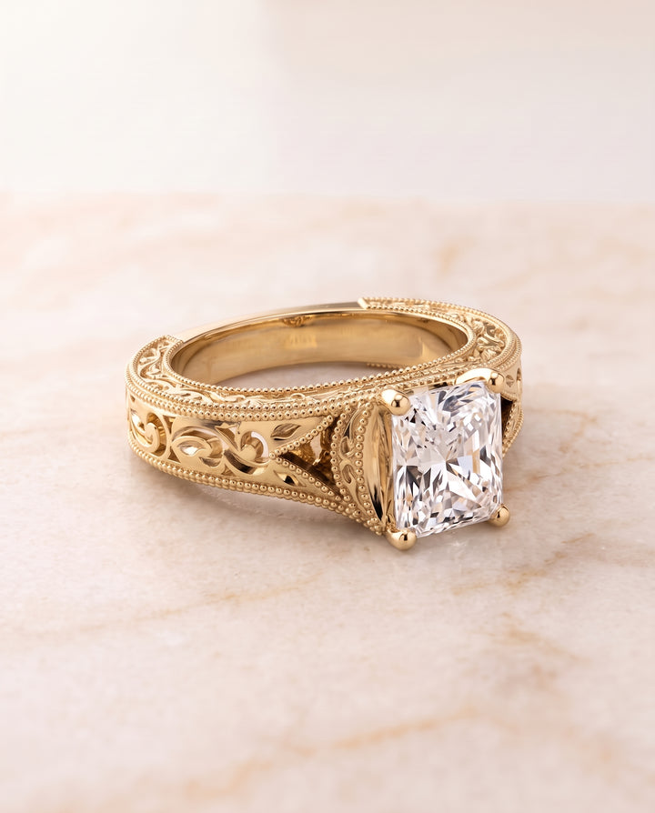 The Janis Hand Engraved Milgrain Vintage Solitaire Radiant Cut Engagement Ring Setting in 18K Yellow Gold