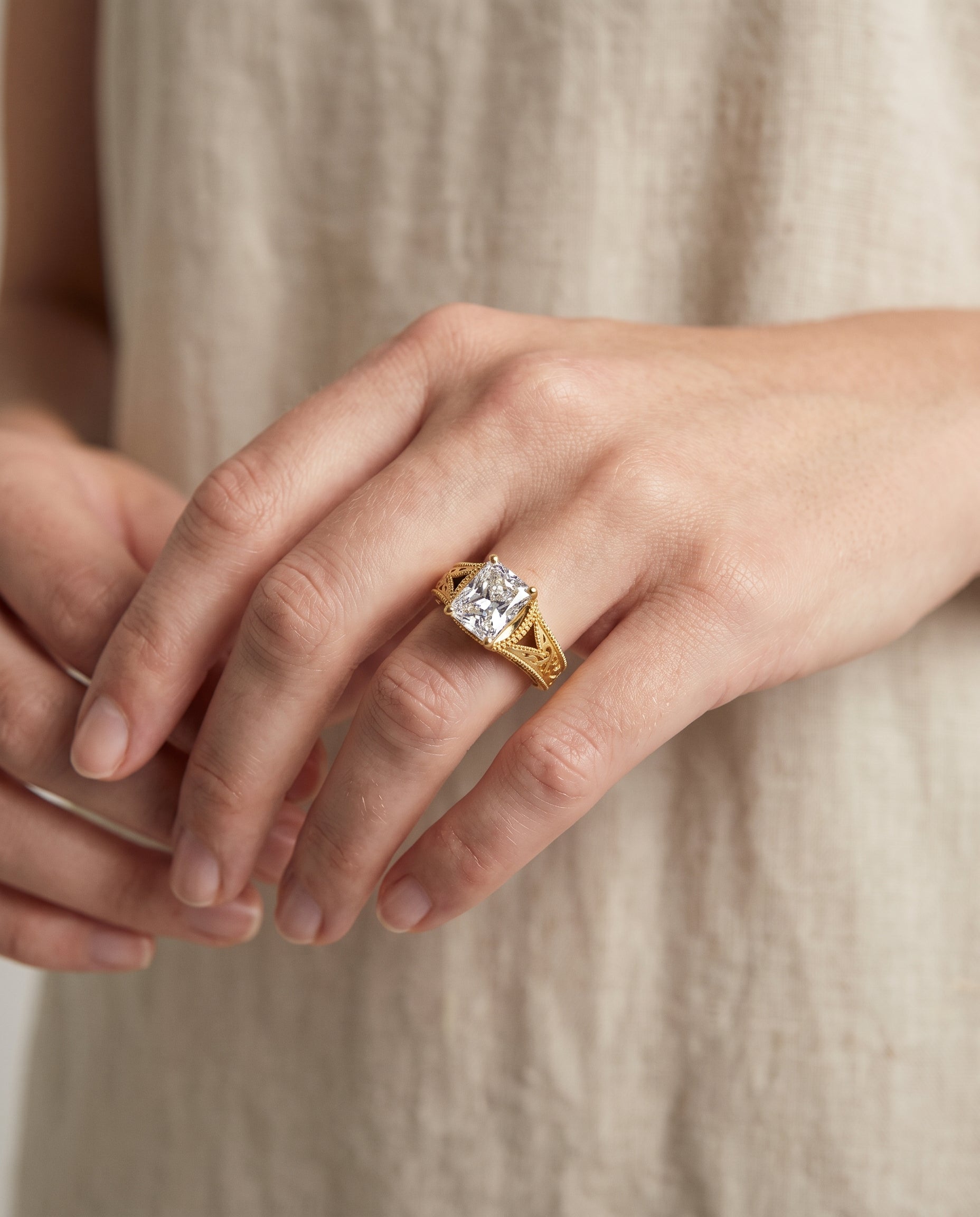 The Janis engagement ring setting in 18K Yellow Gold, hand engraved milgrain vintage solitaire cut design | RockHer