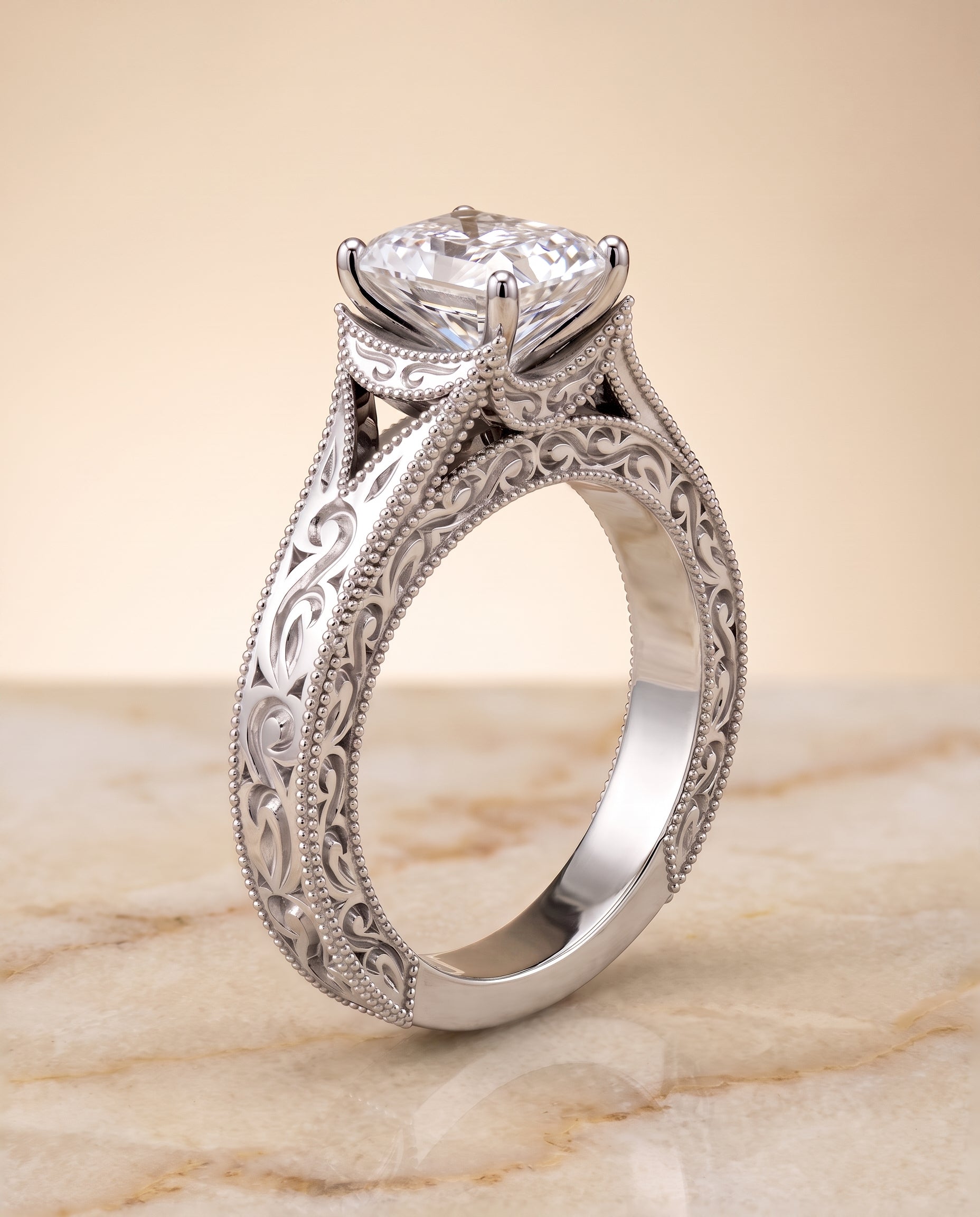 Hand Engraved Milgrain Vintage Solitaire Cut styling on The Janis radiant engagement ring setting | RockHer