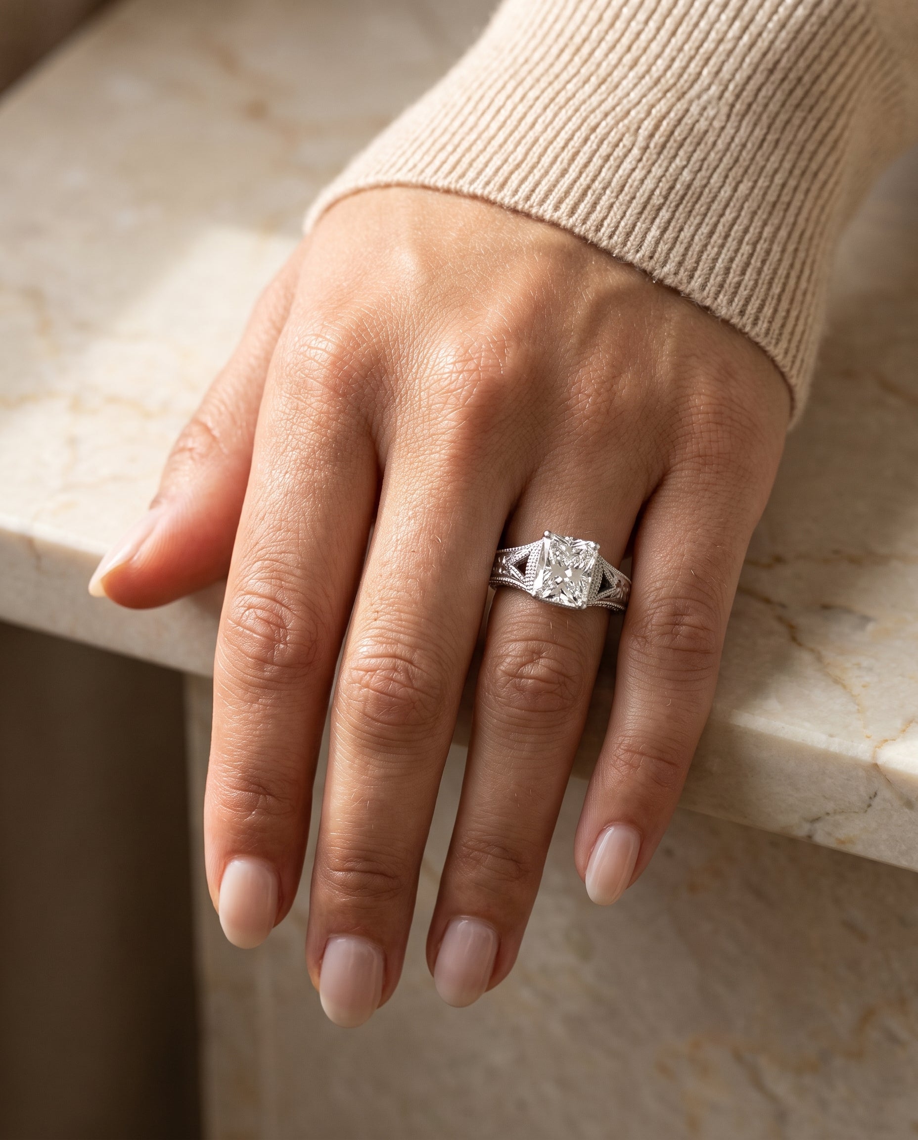 The Janis engagement ring setting in Platinum, hand engraved milgrain vintage solitaire cut design | RockHer
