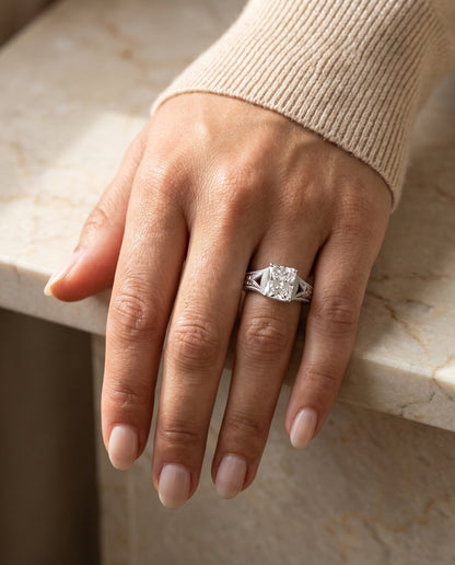 The Janis Hand Engraved Milgrain Vintage Solitaire Radiant Cut Engagement Ring Setting in Platinum