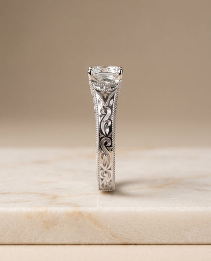 The Janis Hand Engraved Milgrain Vintage Solitaire Radiant Cut Engagement Ring Setting in Platinum