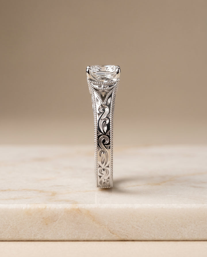 The Janis Hand Engraved Milgrain Vintage Solitaire Radiant Cut Engagement Ring Setting in Platinum