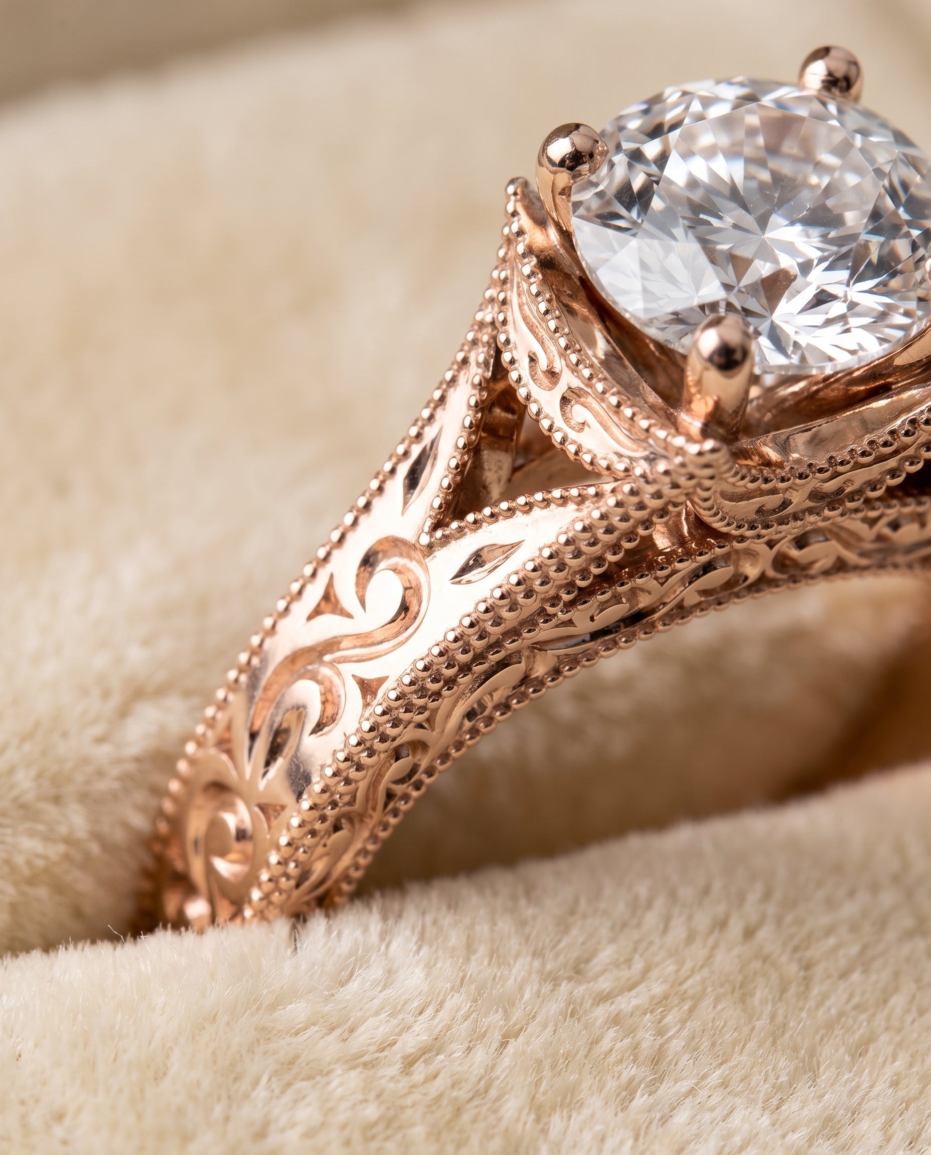 The Janis Hand Engraved Milgrain Vintage Solitaire Round Engagement Ring Setting in 14K Rose Gold