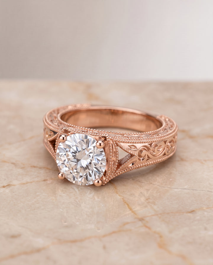 The Janis Hand Engraved Milgrain Vintage Solitaire Round Engagement Ring Setting in 14K Rose Gold