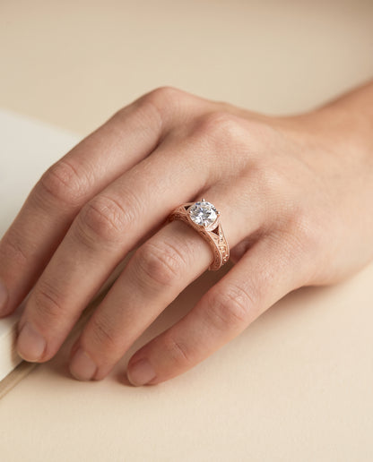 The Janis Hand Engraved Milgrain Vintage Solitaire Round Engagement Ring Setting in 14K Rose Gold