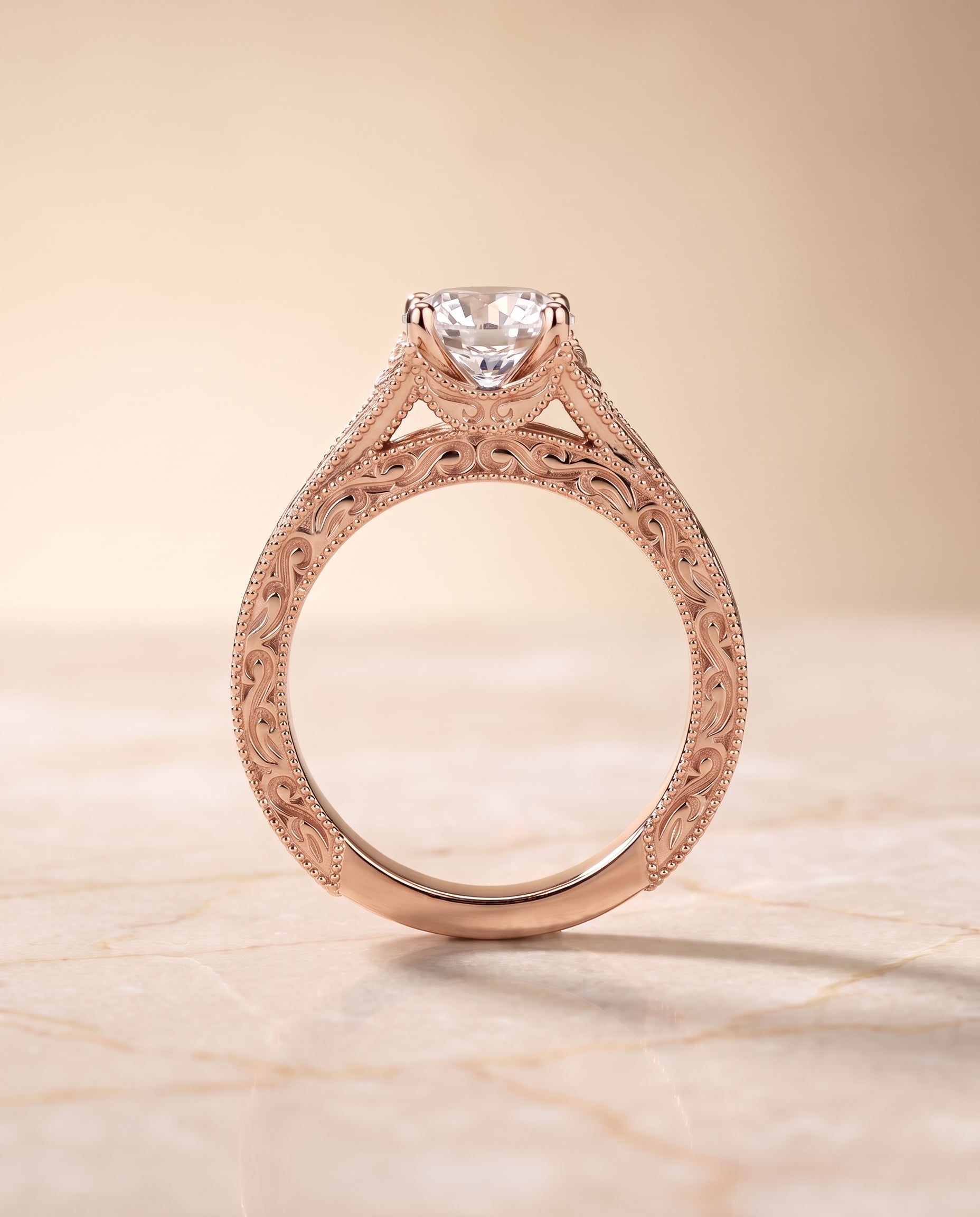 The Janis Hand Engraved Milgrain Vintage Solitaire Round Engagement Ring Setting in 14K Rose Gold