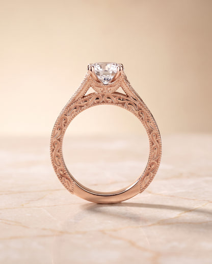 The Janis Hand Engraved Milgrain Vintage Solitaire Round Engagement Ring Setting in 14K Rose Gold