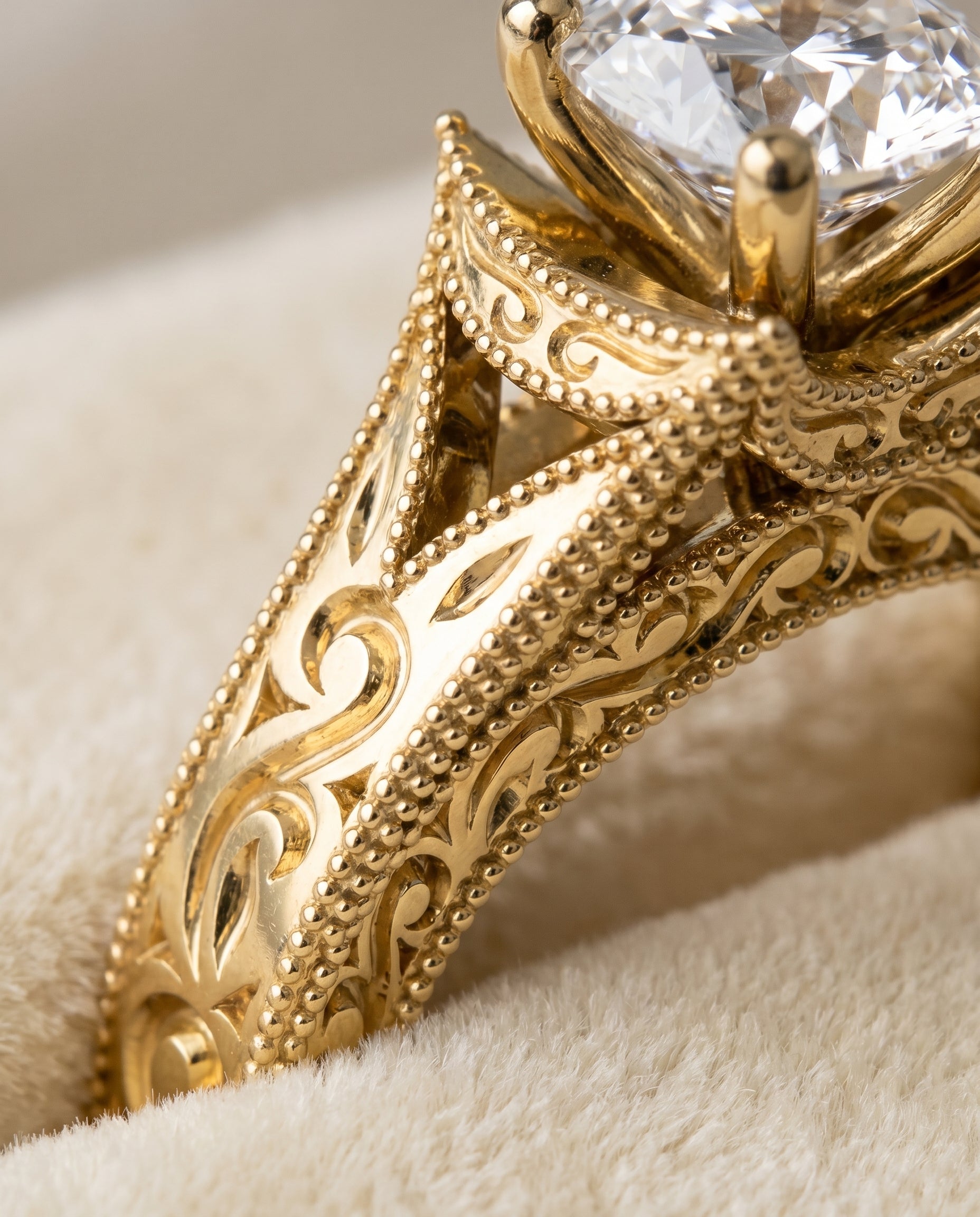 18K Yellow Gold band of The Janis cushion engagement ring setting | RockHer