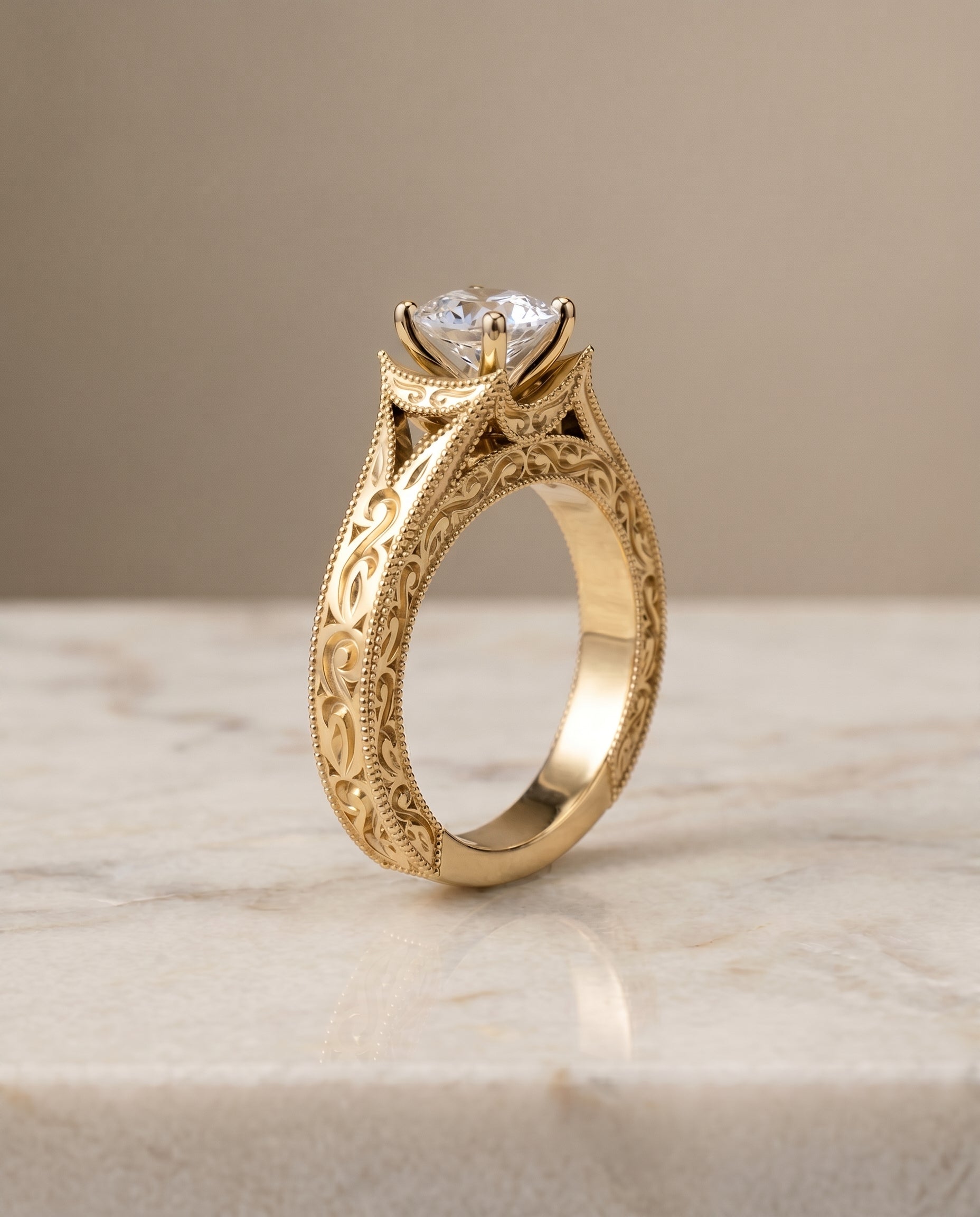 Hand Engraved Milgrain Vintage Solitaire Cut styling on The Janis cushion engagement ring setting | RockHer