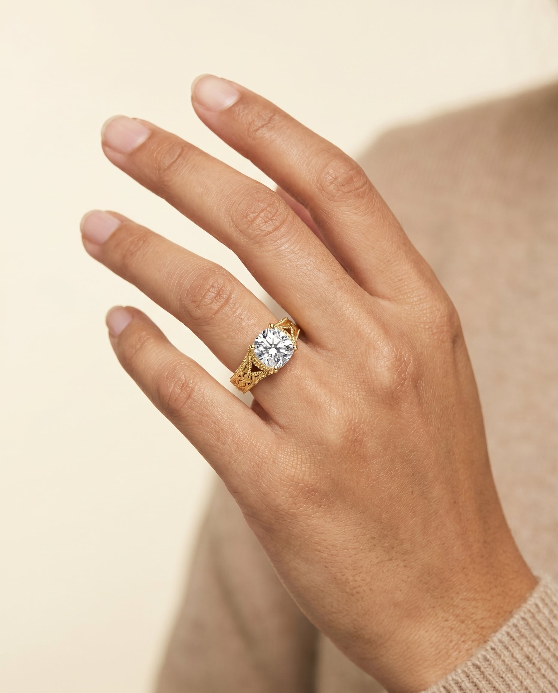 The Janis engagement ring setting in 18K Yellow Gold, hand engraved milgrain vintage solitaire cut design | RockHer