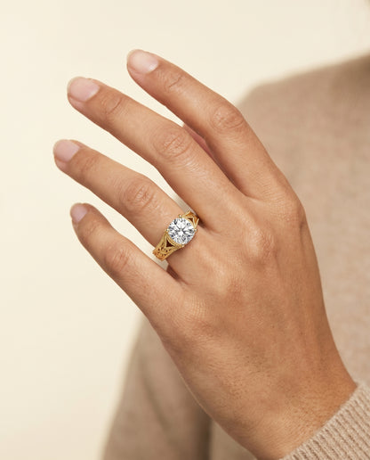 The Janis Hand Engraved Milgrain Vintage Solitaire Cushion Cut Engagement Ring Setting in 18K Yellow Gold